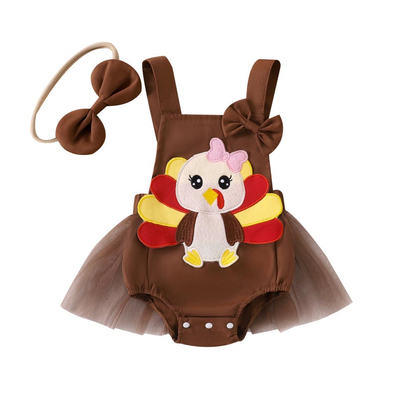 Amnnchya Baby Girl Thanksgiving Outfit Pumpkin Turkey Costumes Sleeveless Tulle Romper Newborn Halloween Outfit Girl (Brown  0-3 Months) - Image 1